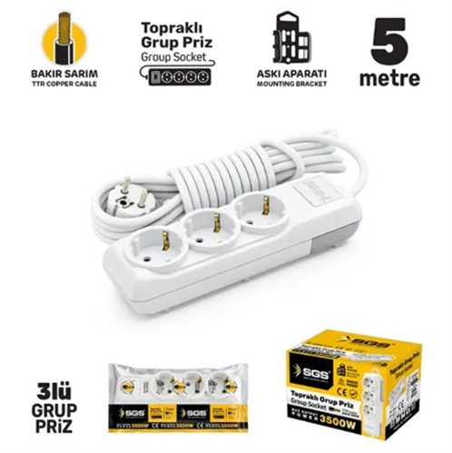 GRUP PRİZ TOPRAKLI 3'LÜ 5 METRE SGS3477